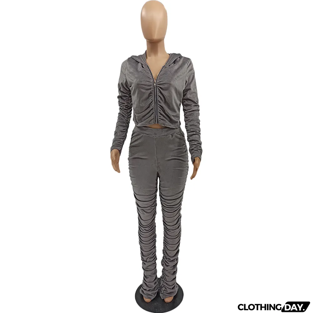 Velvet Pleated Zipper Hooded Jacket Skinny Pants Suit