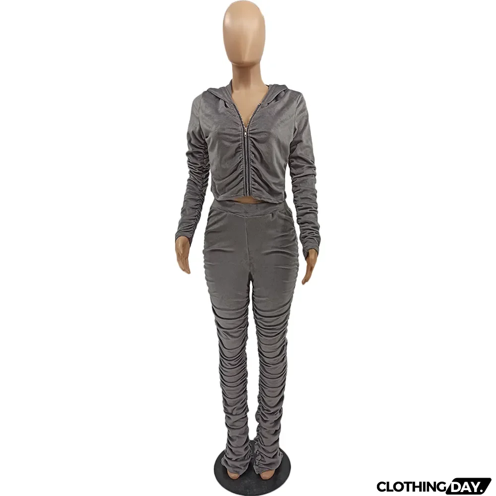 Velvet Pleated Zipper Hooded Jacket Skinny Pants Suit