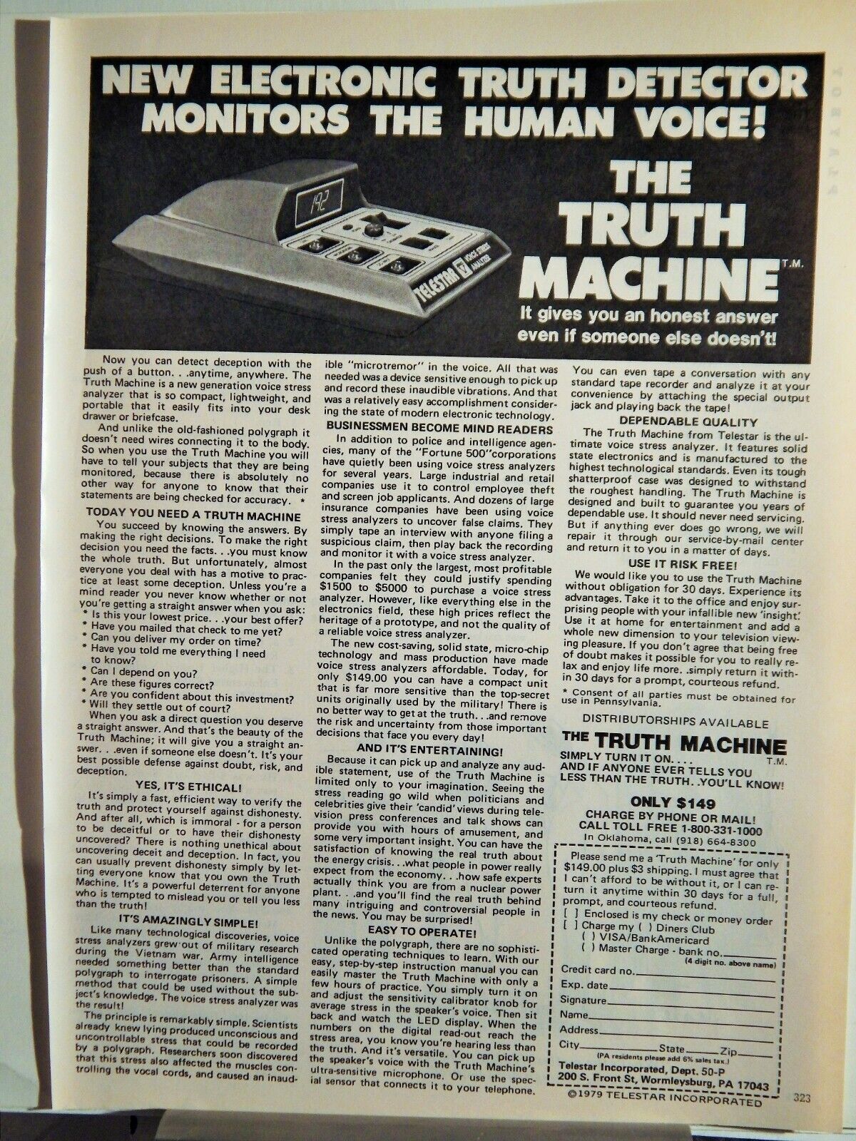 TRUTH MACHINE (MONITORS HUMAN VOICE) ORIGINAL VTG 1979 Photo Poster painting AD,