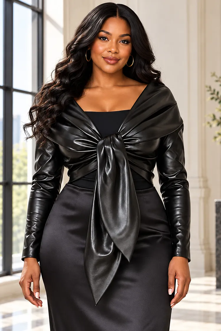 Xpluswear Design Plus Size Business Casual Black Long Sleeve Fold PU Leather Jacket [Pre-Order] 2024 - Xpluswear