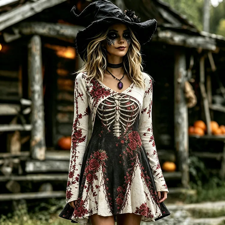Women's Vintage Halloween Gothic Skeleton Roses Art Print Linen Mini Dress