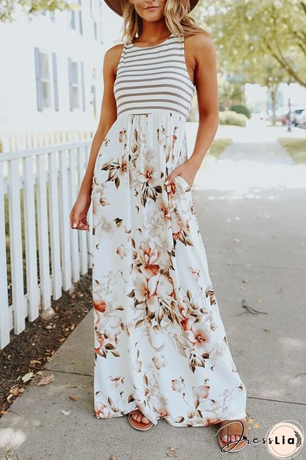 Floral Print Pocket Sleeveless Maxi Dress