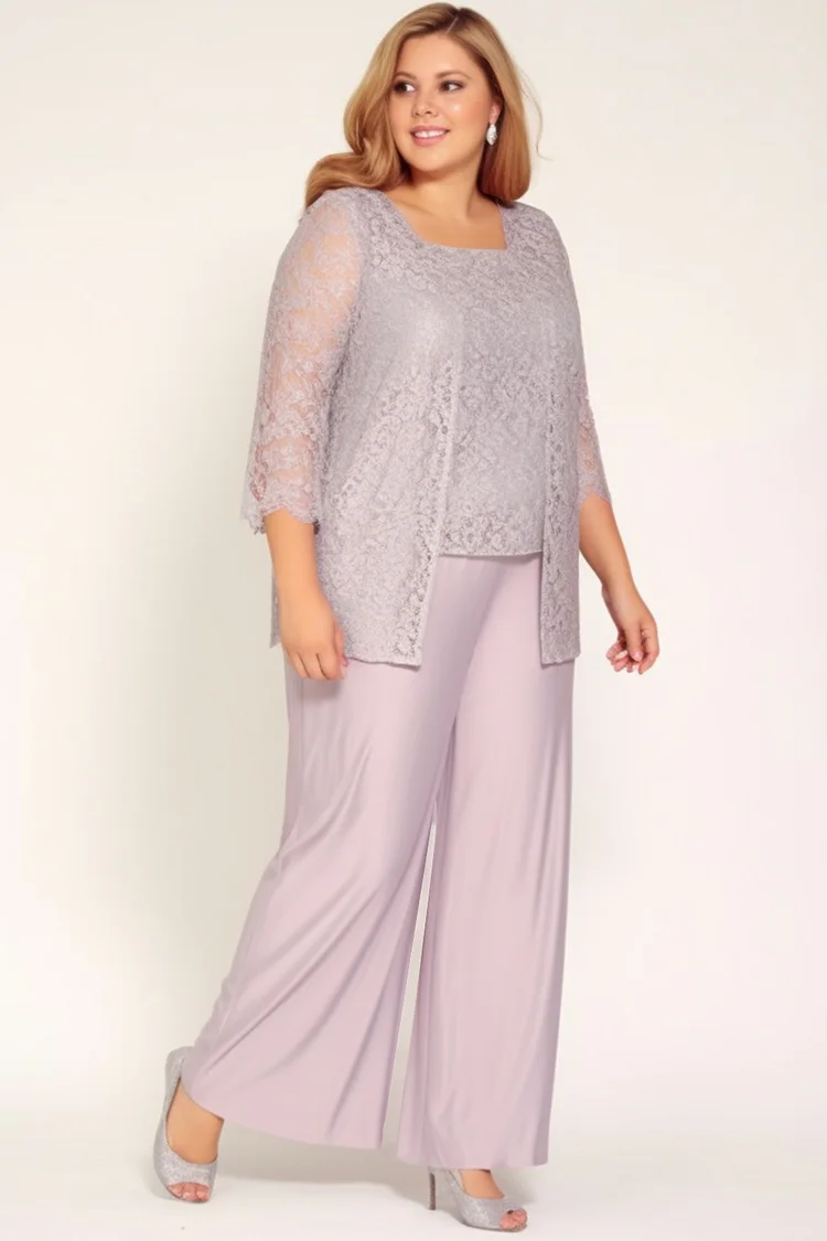 Flycurvy Plus Size Mother Of The Bride Pink Round Neck See-through Lace Three Piece Pant Suit With Jacket  Flycurvy [product_label]