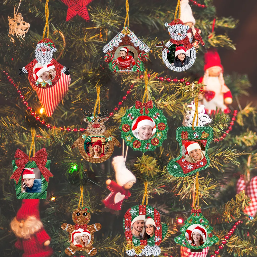 10Pcs Christmas Diamond Painting Photo Frame Hanging Pendant for Xmas Tree