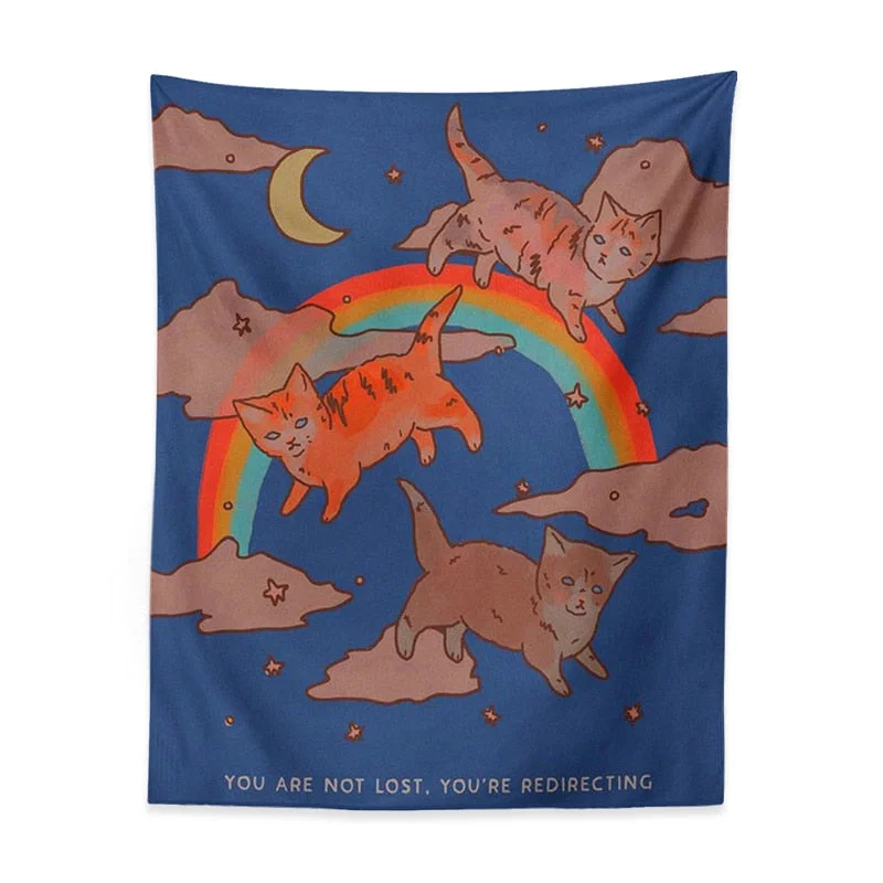 Cute Cat Tapestry Wall Hanging Rainbow Cat star moon Cartoon Tapestries for Living Room Kids Room Bedroom Room Decor Wall Art