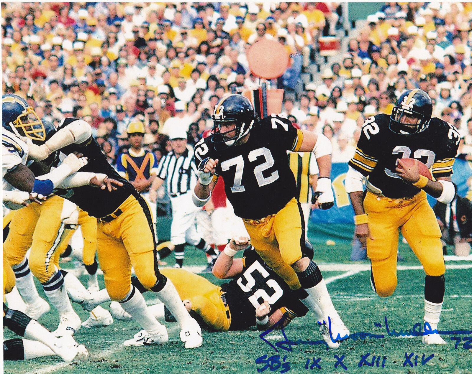 GERRY MULLINS PITTSBURGH STEELERS SB IX, X, XIIIX, XIV ACTION SIGNED 8x10