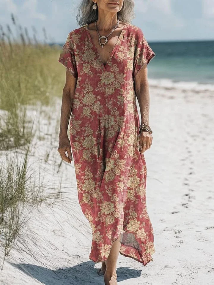 Women's Vintage Lovely Floral Art Print Pocket Cotton Dress