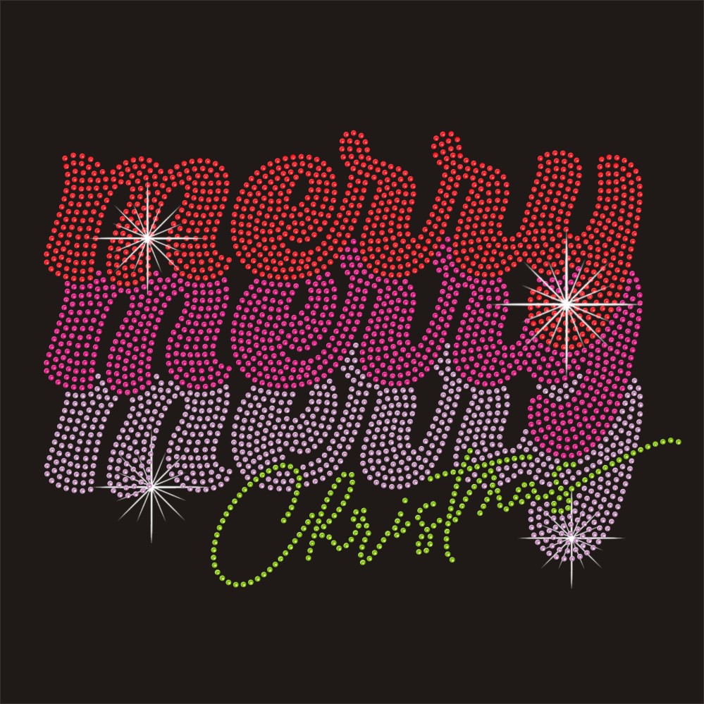 Stock iron on transfer hot fix rhinestone holiday merry christmas appliques