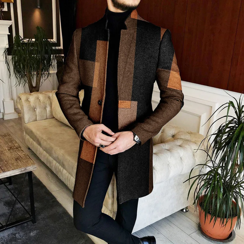 Men's Geometric Color Block Standing Collar Mid-Length Coat