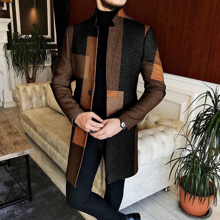 BrosWear Men's Geometric Color Block Standing Collar Mid-Length Coat