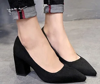 Aphixta Shoes Square Heel Women Pointed Toe Pumps Fashion Gray High Heels Flock Leather Black Party Shoes Plus Big size 47 48 50