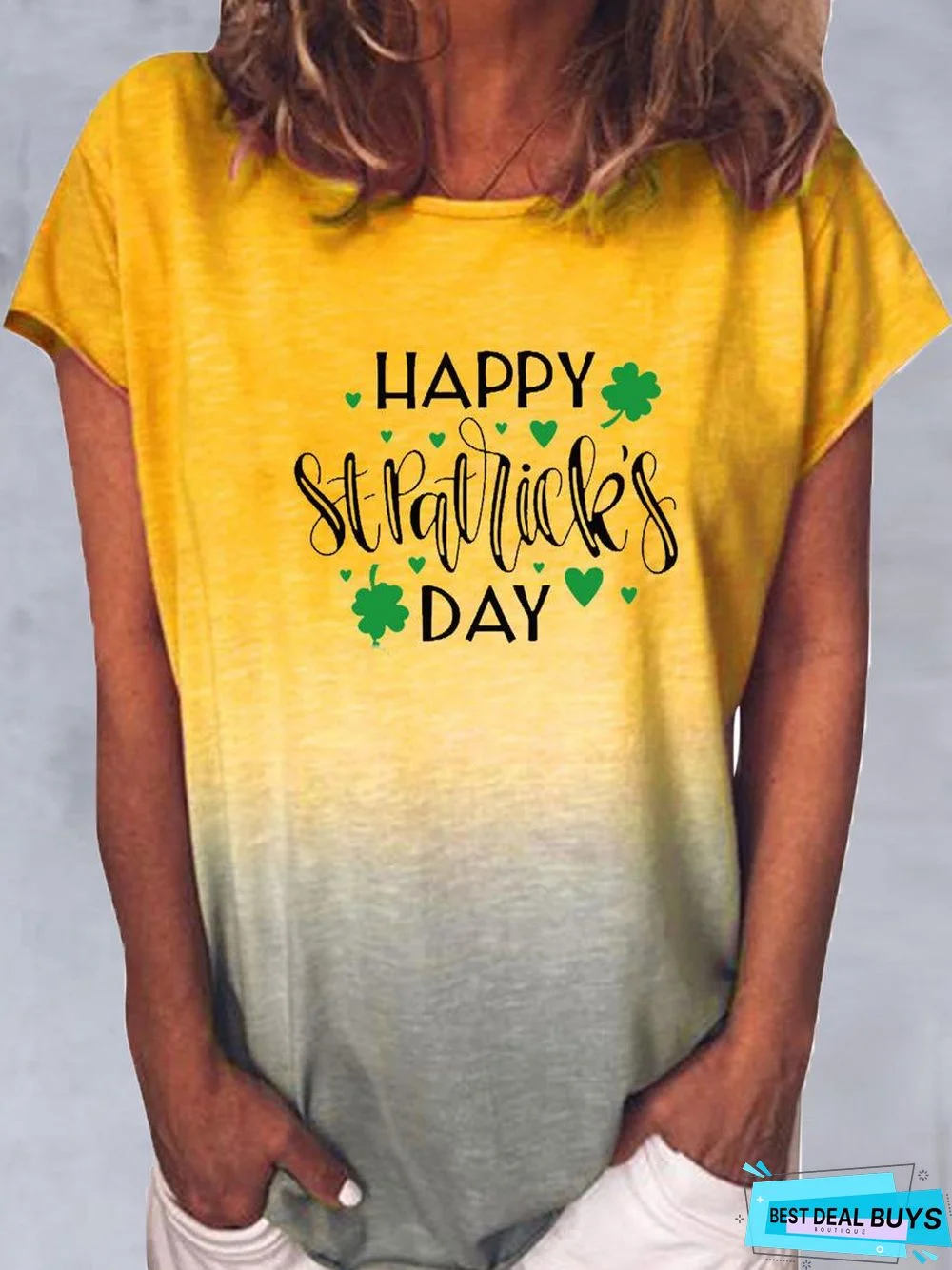 Round Neck Letter Clover Print Loose Short Sleeve T-Shirt