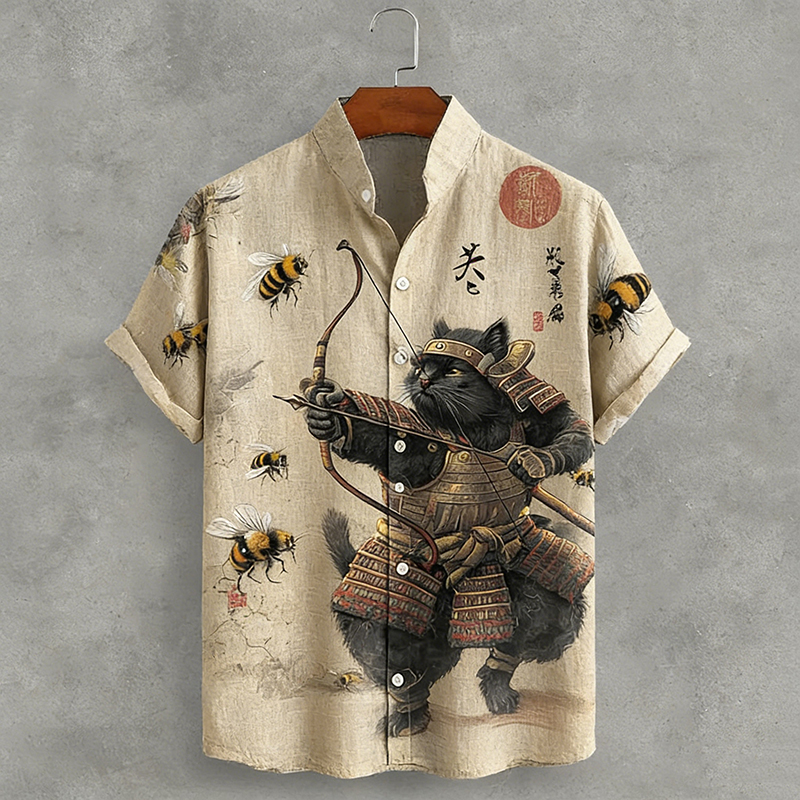 Comstylish Men's Black Cat Tribal Warrior Japanese Kyudo Print Short Sleeve Shirt