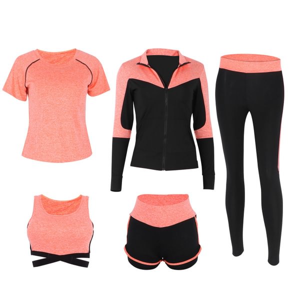 Womens Casual 5 Piece Yoga Fitness Outfits Sets Comfortable Workout Clothes Suit(Orange Five‑Piece Suit ) otce - Shop Trendy Women's Fashion | TeeYours