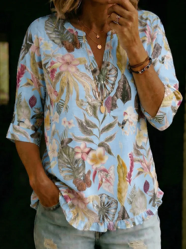 Retro Floral Print Cotton-linen Shirt Top