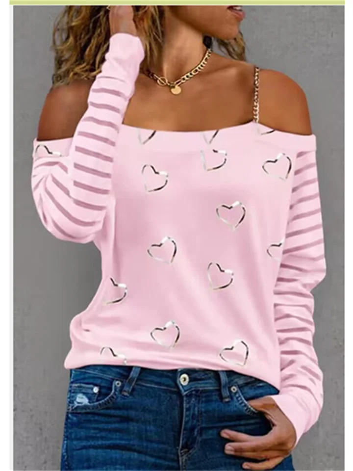 Spring and Summer New A Collar Women's Burst Love Print Fresh Sweet Inserted Shoulder Sleeve Chain with Long-sleeved T-shirt Female
