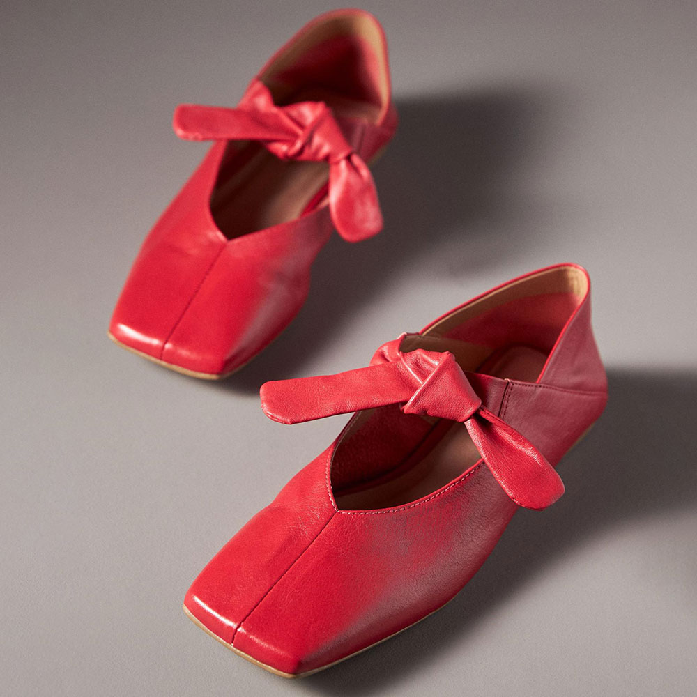 Red Vegan Leather Slip-On Bow Square Toe Flat Mary Jane Shoes Nicepairs