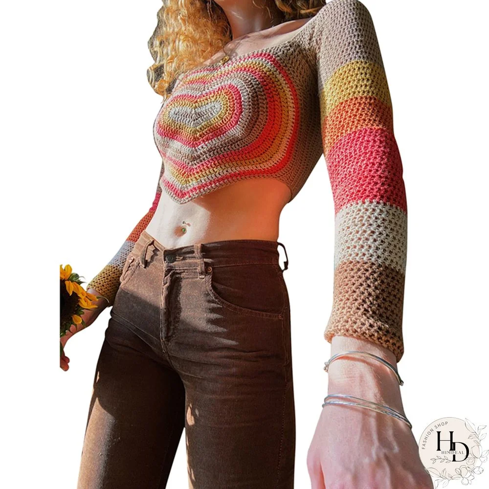 Aesthetic Grunge Sweater Vest Women Contrast Color Heart Print Flared Long Sleeve Knitwear Y2k Fairycore T Shirt