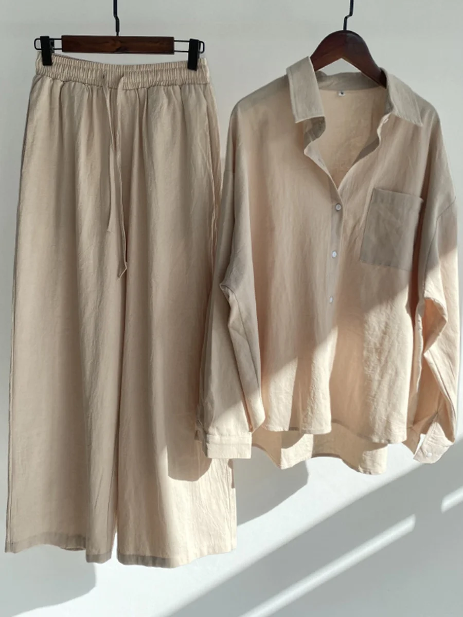 Casual Cotton Linen Waist Loose Trousers Two-piece Set
