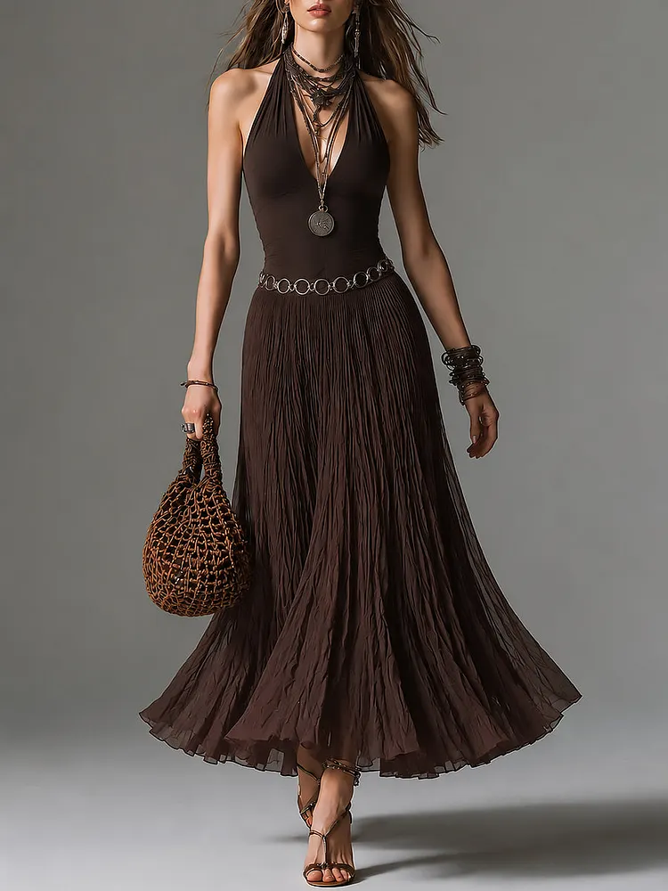 Boho Halter-neck Pleated Chiffon Maxi Dress With Belt