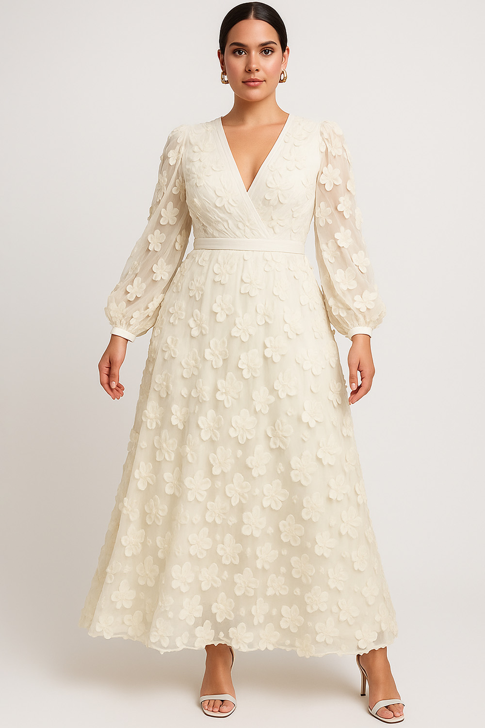 Flycurvy Plus Size Mother Of The Bride Apricot Lace Wrap Lantern Sleeve Maxi Dress 2024 - Flycurvy 