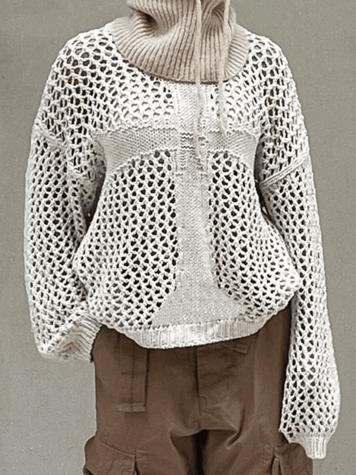 Brownm Cross Pattern Crochet Hollow Long Sleeve Knit Top