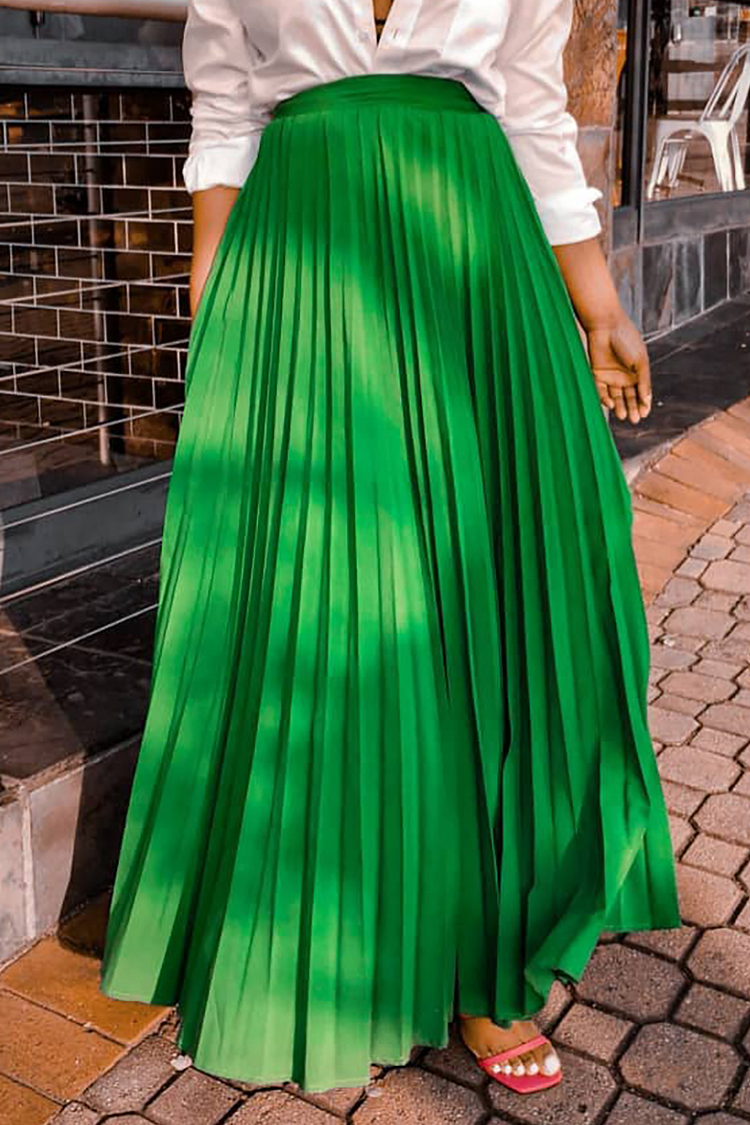 Solid Color High Waist Pleated Maxi Skirt-Green