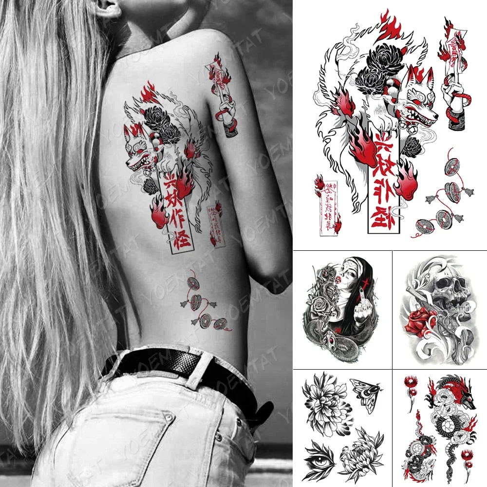 Waterproof Temporary Tattoo Stickers Fox Dragon Wolf Monster Old School Lotus Peony Flash Tatto Women Men Body Art Fake Tattoos