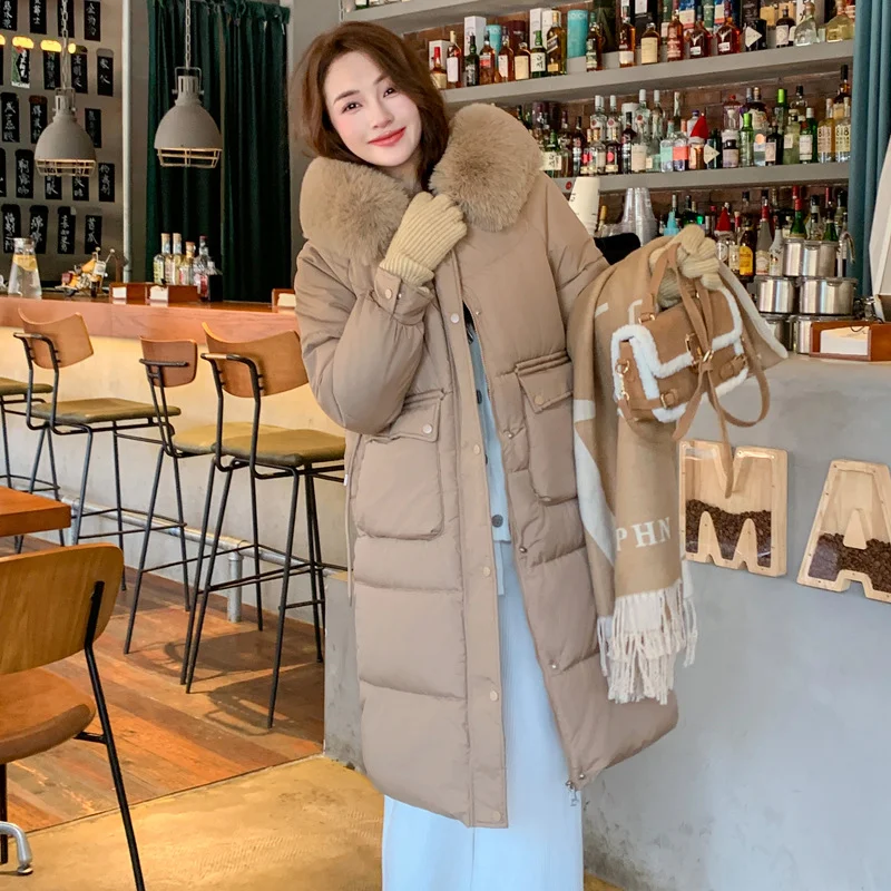 Toloer 2025 Winter New Down Cotton Clothes Women Long Over The Knee Big Hair Collar Draw Rope To Collect Waist Hot Style Cotton Coat Tide-Outfit Ideas
