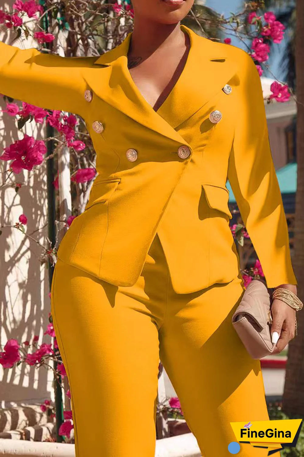 Pink Fashion Solid Buckle Turndown Collar Long Sleeve Two Pieces