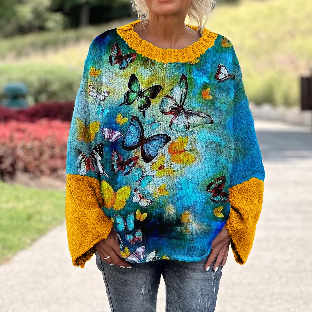 Colorful Butterflies Printed Women's Loose Sweater