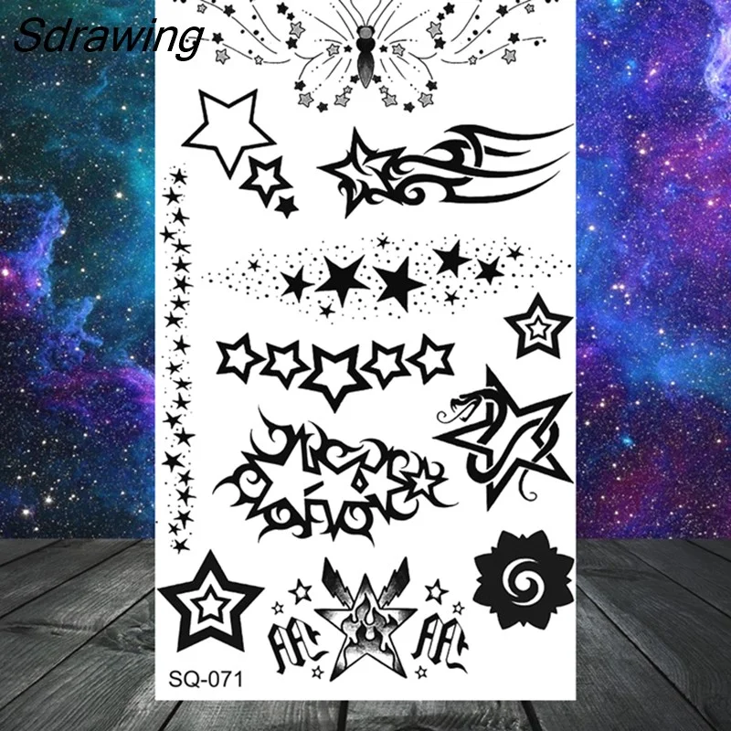 Sdrawing Stars Moon Sun Temporary Tattoos For Women Kids Girl Butterfly Feather Letters Fake Tattoo Neck Arm Hands Small Tatoos