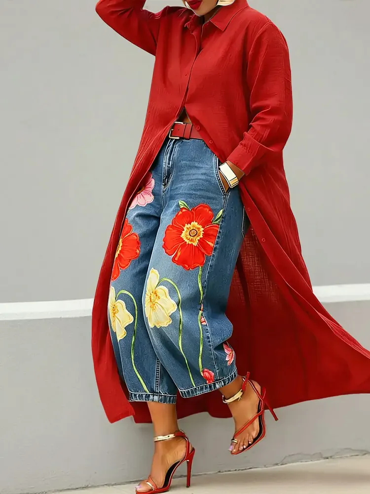 Women's Abstract Art Print Casual Loose Wide-leg Denim Pants