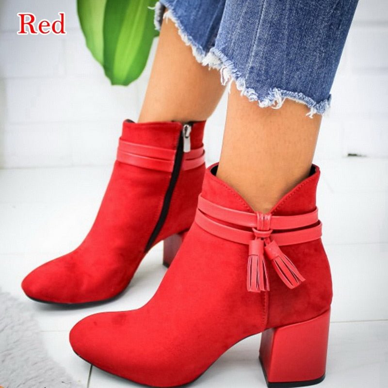 2020 Red Tassel Ankle Shoes  Women's Shoes Single Boots Autumn Winter Pointed Toe Thick with Short Boots
