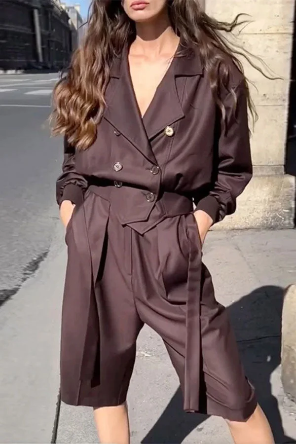 Solid Color Stylish Double Breasted Pant Suit