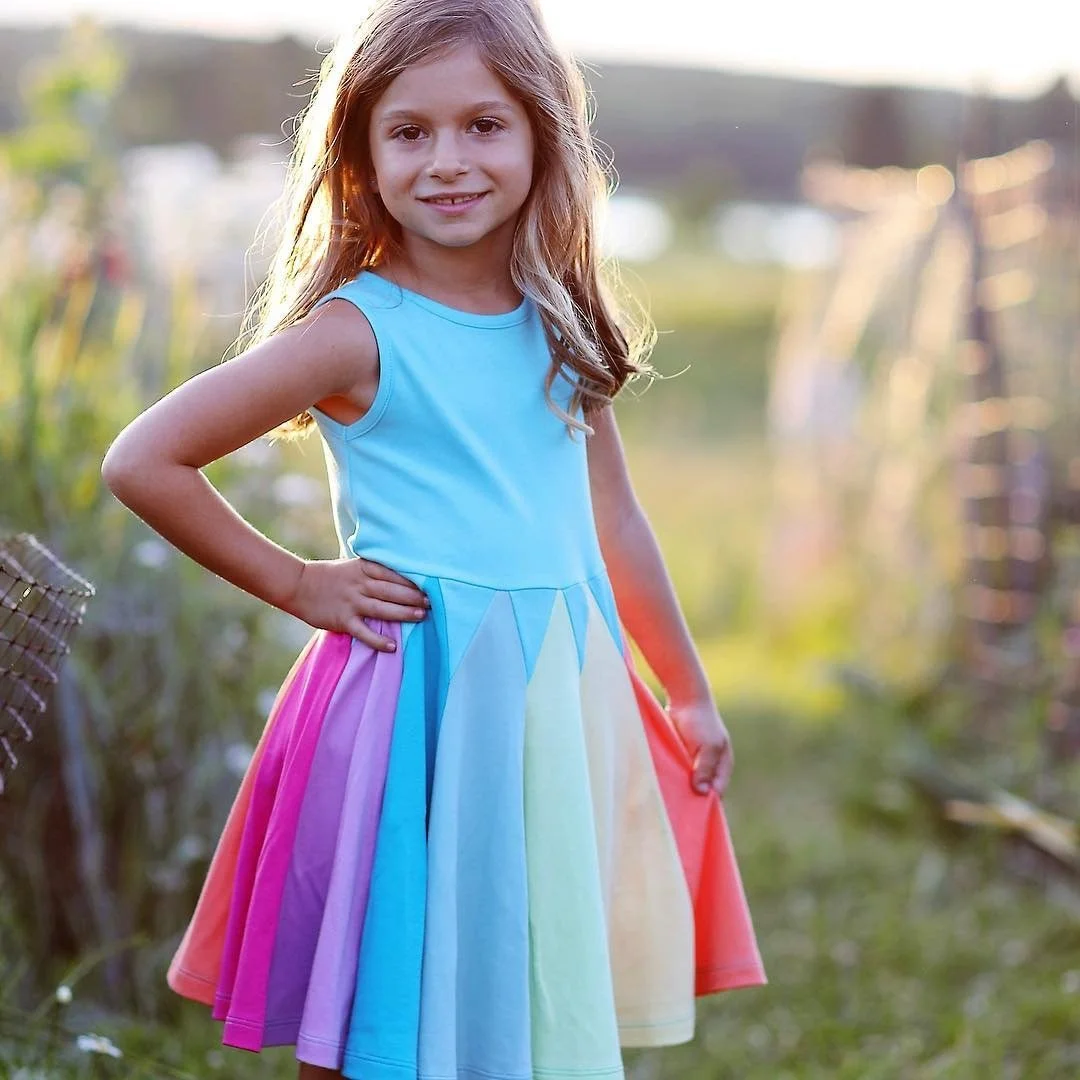 2021 Spring Girls Dress Brand New Arrival Kids Pastel Rainbow Dress Cotton Ankle-length Princess Dress for Girls Casual Clothing