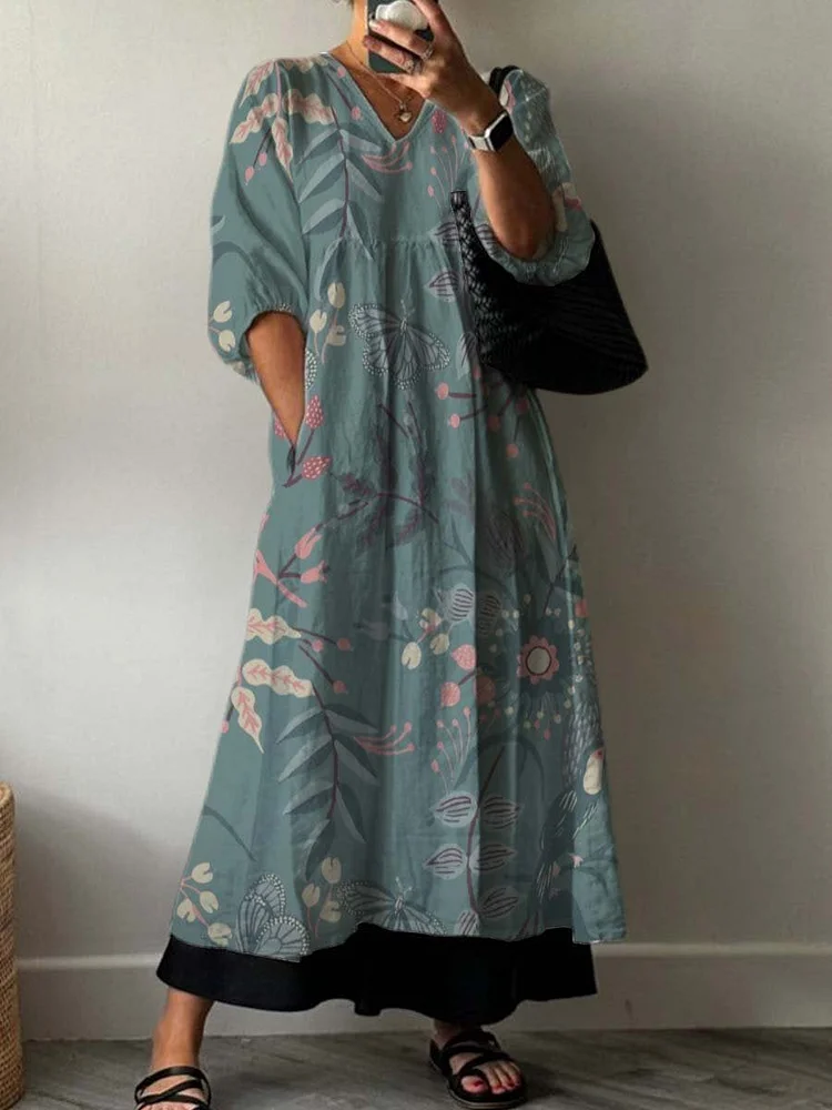 Decorative Pattern of Interesting Flowers, Plants, Butterflies and Birds Pocket V-neck Cotton Dress