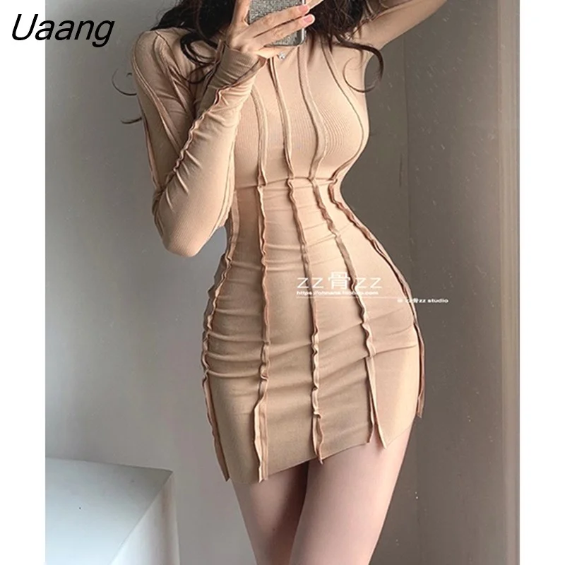 Uaang French Spring Summer Tops Round Neck Irregular Pleated Lace Ruffle Solid Color Mini Dress Korean Female Anchor Dresses NPW8