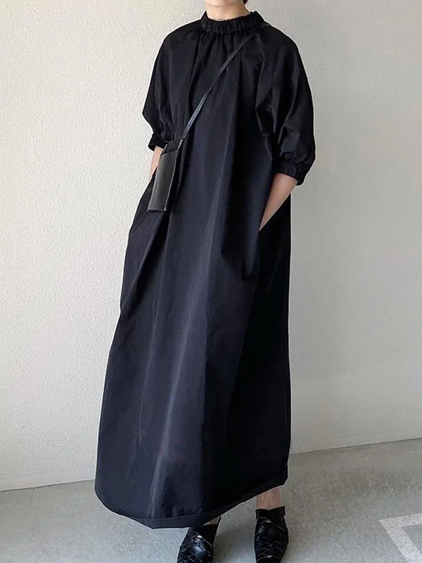 Simple Solid Color Stand Collar Loose Half Sleeve Dress