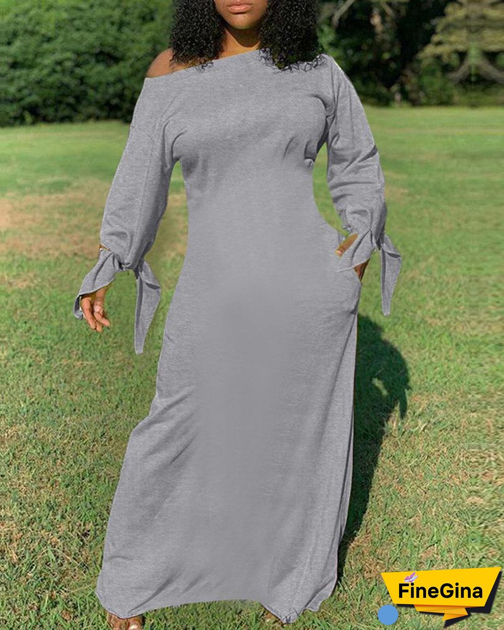 Plain Tie Detail Pocket Design Maxi Dress P14036