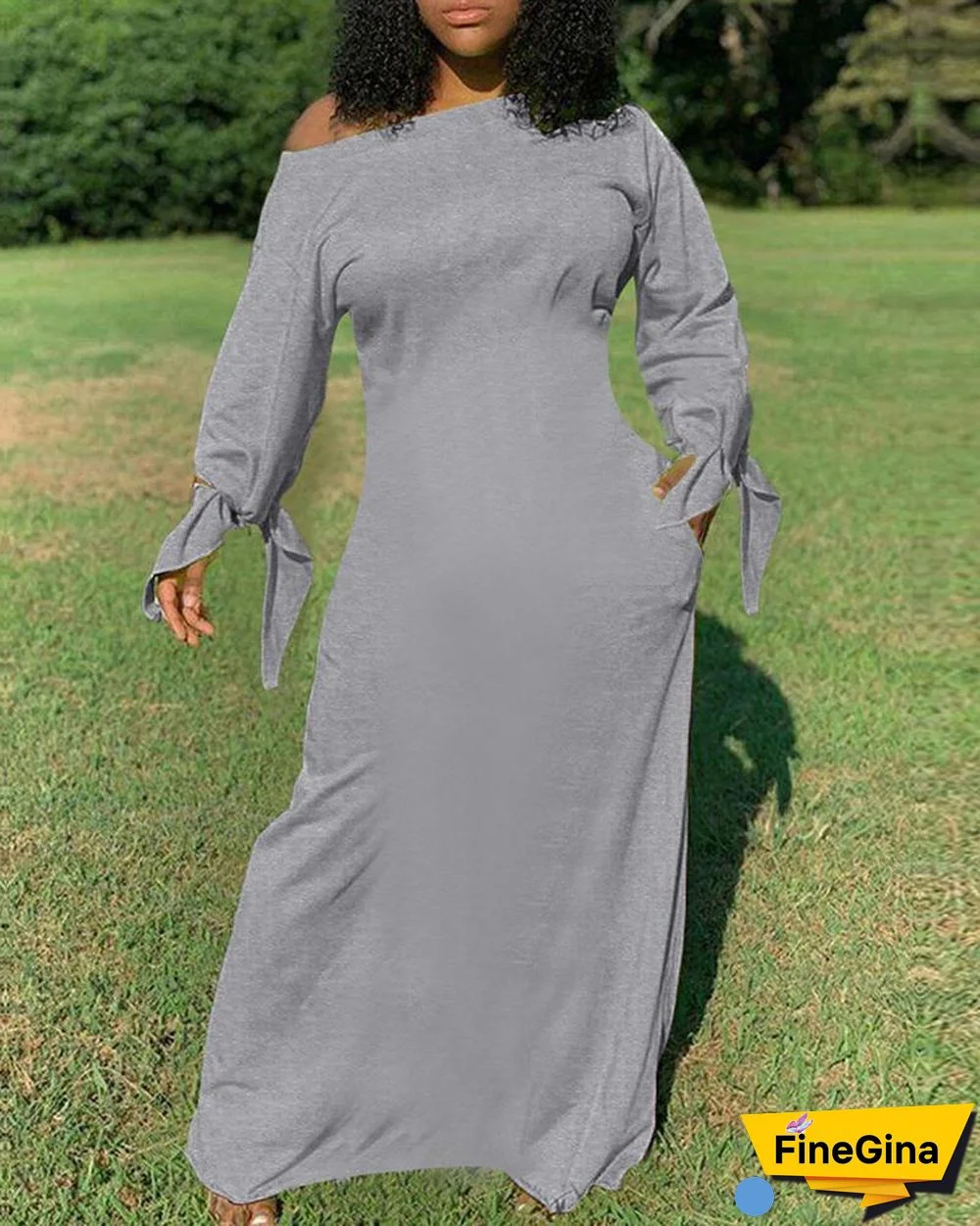 Plain Tie Detail Pocket Design Maxi Dress P14036