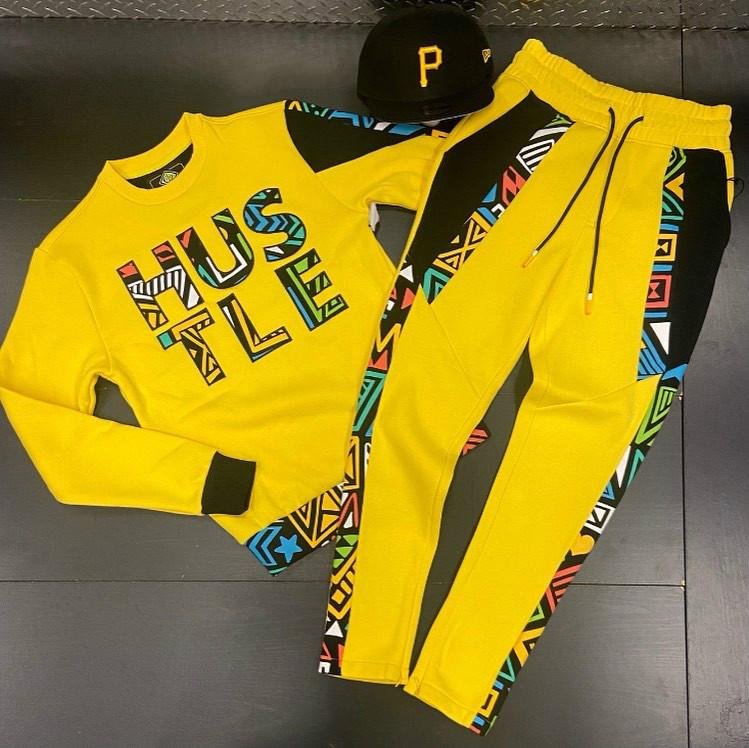 Fashionable yellow hustlegang printed sweater set