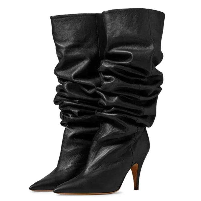 Fashion Closed Pointed Toe Slouch Knee High Heeled Boots in Black