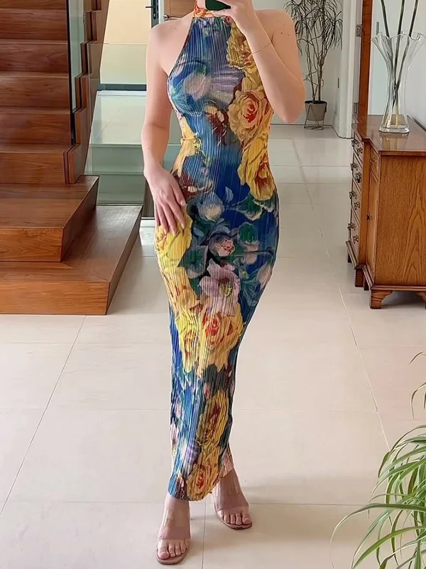 Floral Printed Sleeveless Wrap Round-Neck Maxi Dresses