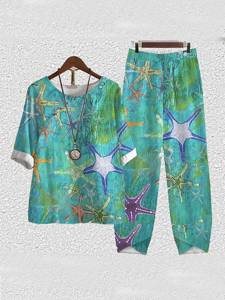 Women's Graphic Printed Half Sleeve Scoop Neck Two-Pieced Sets