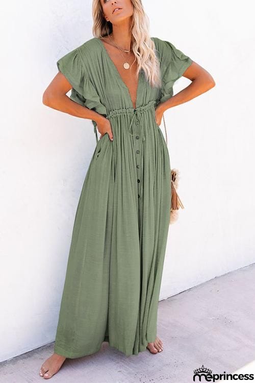 Button Drawstring Waist Bat Maxi Cover Dress