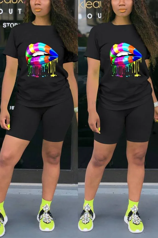 Casual Loose Sports Lips Print Shorts Set