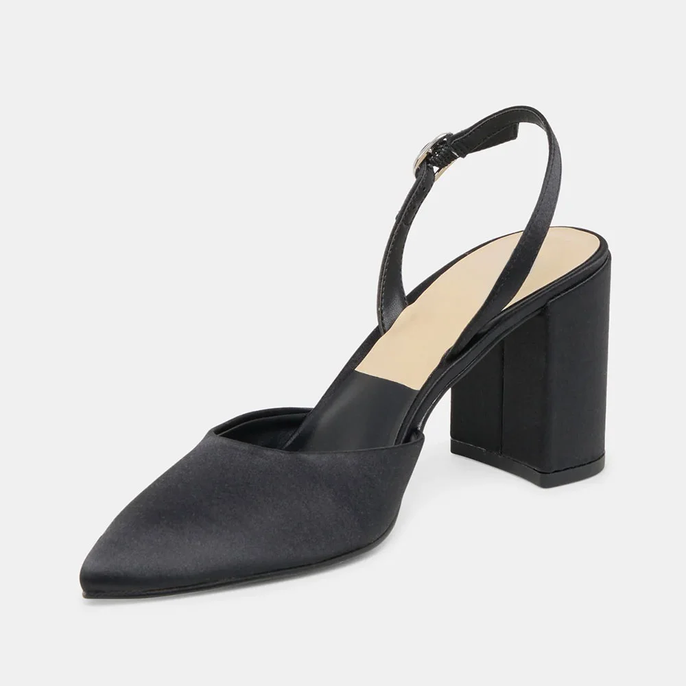Satin Pointed Toe Block High Heel Slingback Black Pumps for Women