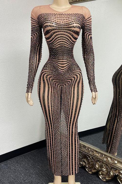 GOOSHOE Black Striped Diamond Elegent Dresses Dainty Maxi Dress