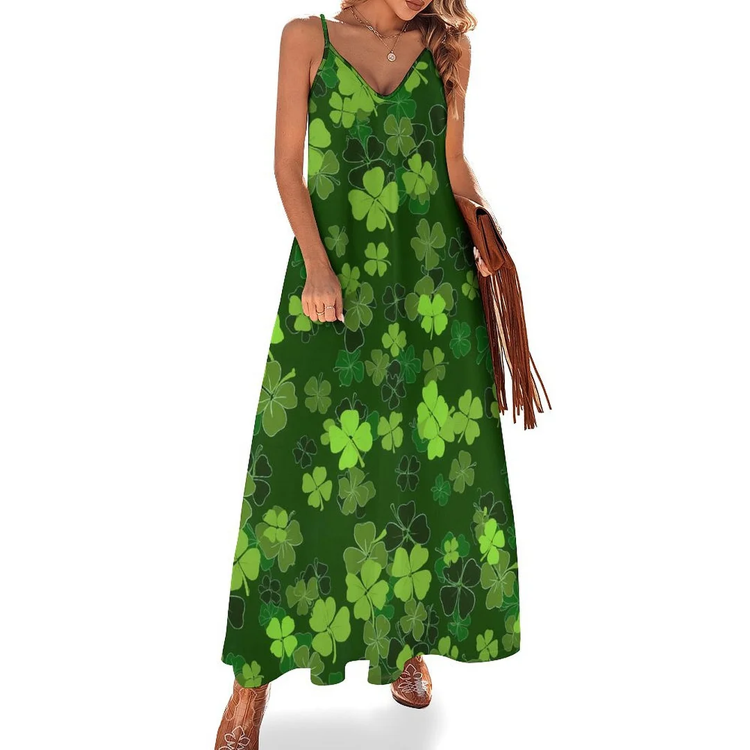 Style & Comfort for Mature Women Plus Size Printed Sling Casual Women Maxi Dress in Pattern St. Patrick's Day, Green, Clover, Lucky